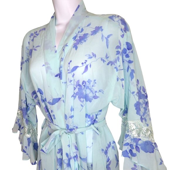 LA Intimates Knee Length Sheer Robe M Blue Lavender Floral Ruffled Lace Sleeve - Picture 4 of 13